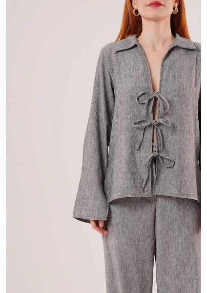 Ön Bağlama Detaylı Pantolon ve Gömlek Antrasit Ikili Takım modelleri