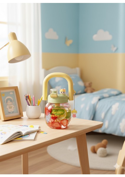 Sevimli Çocuk Suluk Matara – Pipetli & Detoks Hazneli Su Şişesi Anaokulu Ilkokul Mavi Mor Kırmızı Yeşil modelleri