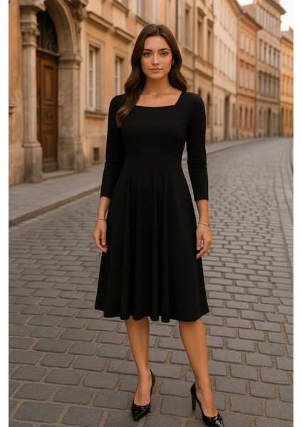 Kadın Kare Yaka Truvakar Kol Fırsat Ürün Midi Boy Elbise