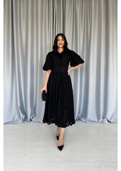 Siyah Kemerli Balon Kollu Elbise