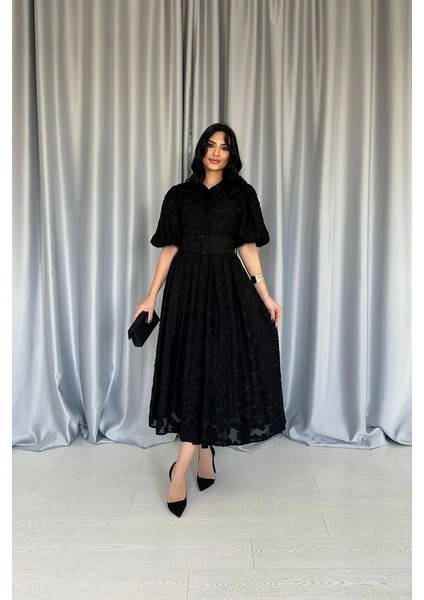 Siyah Kemerli Balon Kollu Elbise fiyatları