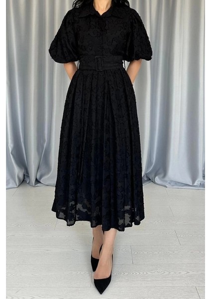 Siyah Kemerli Balon Kollu Elbise modelleri