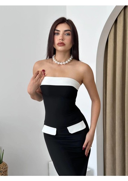 Cep Detaylı Straplez Elbise