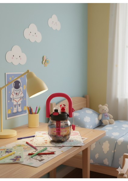 Sevimli Çocuk Suluk Matara – Pipetli & Detoks Hazneli Su Şişesi Anaokulu Ilkokul Mavi Mor Kırmızı Yeşil