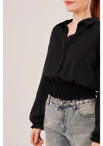 Bel ve Bilek Lastikli Siyah Bluz modelleri