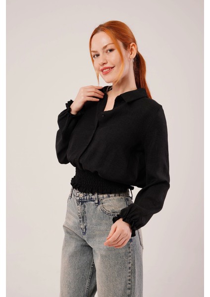 Bel ve Bilek Lastikli Siyah Bluz fırsatları