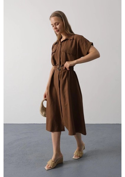 Kuşaklı Cep Detaylı Yarım Kol Elbise - Kahve