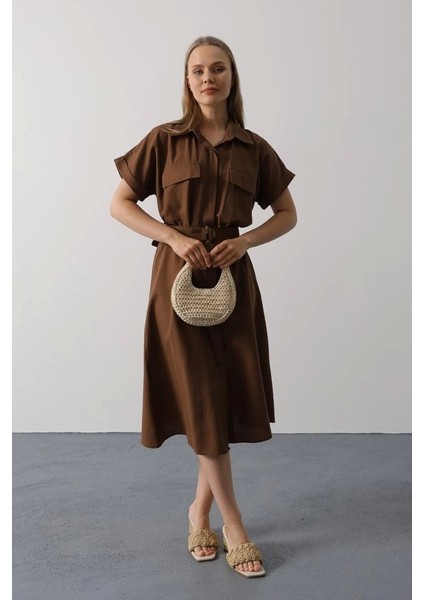 Kuşaklı Cep Detaylı Yarım Kol Elbise - Kahve modelleri