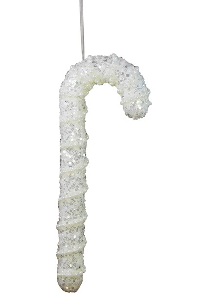 Yılbaşı Süsü Incili Simli Baston Beyaz 25 cm