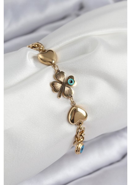 316L Çelik Nazar Boncuk Detaylı Yonca Model Gold Renk Kadın Bileklik