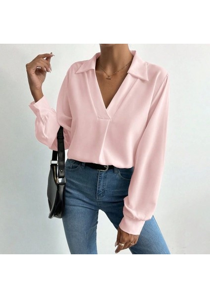 Kadın V Yaka Uzun Kollu Mosskrep Kumaş Bluz