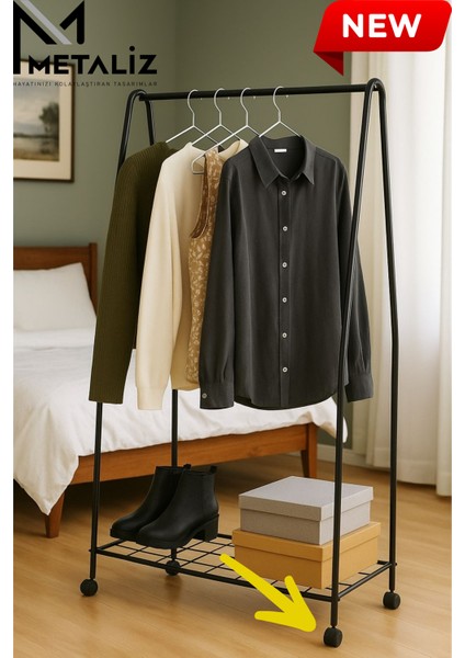 Tekerli Metal Elbise Askılığı Taşınabilir ve Dayanıklı Raflı Giysi Standı Kıyafet Organizeri