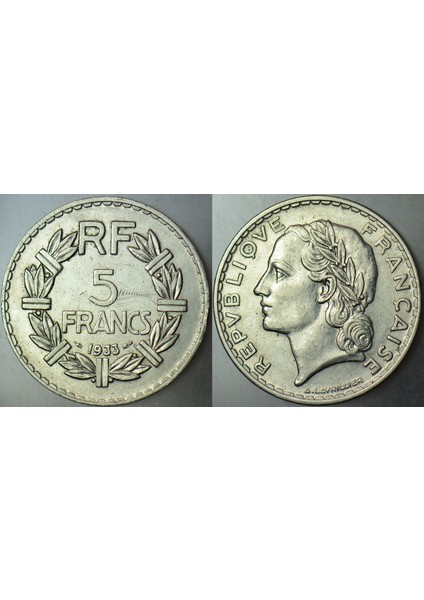 Fransa 5 Frank 1933 Nikel 31 mm Az Çıkar.