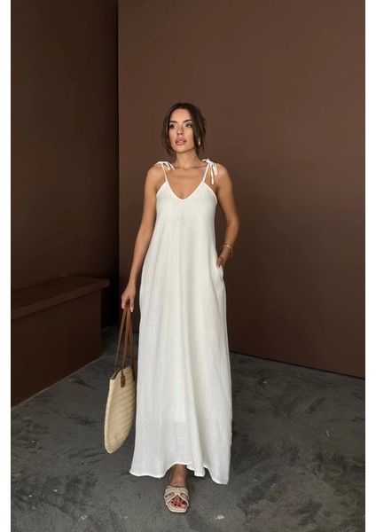 Askılı Uzun Salaş Müslin Elbise - Beyaz fiyatları
