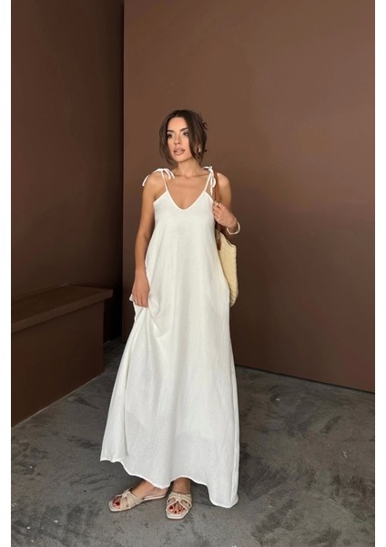 Askılı Uzun Salaş Müslin Elbise - Beyaz modelleri