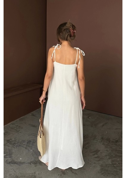 Askılı Uzun Salaş Müslin Elbise - Beyaz fırsatları