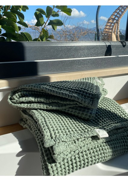 Premium Waffle %100 Pamuk 4’lü Çağla Yeşili Banyo Havlu Seti