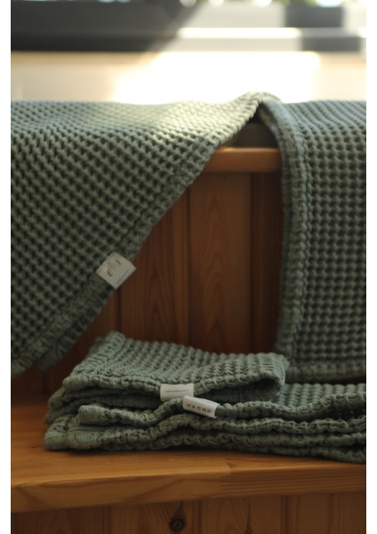 Premium Waffle %100 Pamuk 4’lü Çağla Yeşili Banyo Havlu Seti