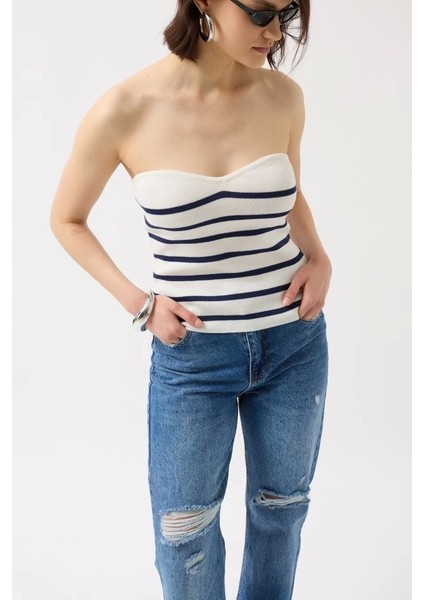 Çizgili Straplez Dokulu Bluz
