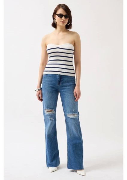 Çizgili Straplez Dokulu Bluz fiyatları