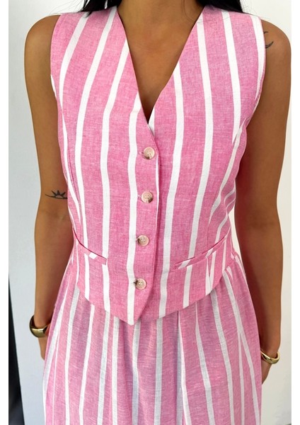 Keten Çizgili Yelek - Uzun Etek Takım - Pembe modelleri