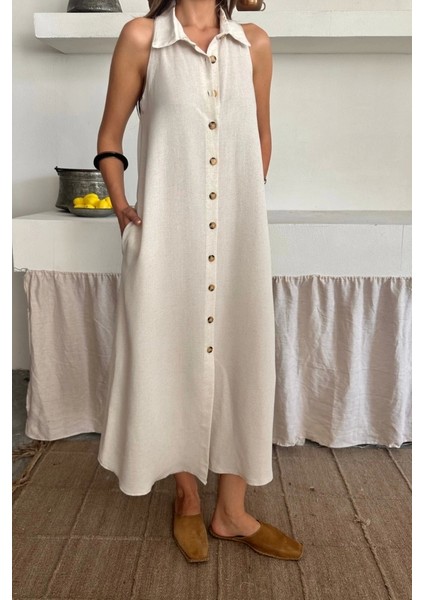 Keten Önden Düğmeli Kolsuz Gömlek Yaka Elbise - Beyaz fiyatları