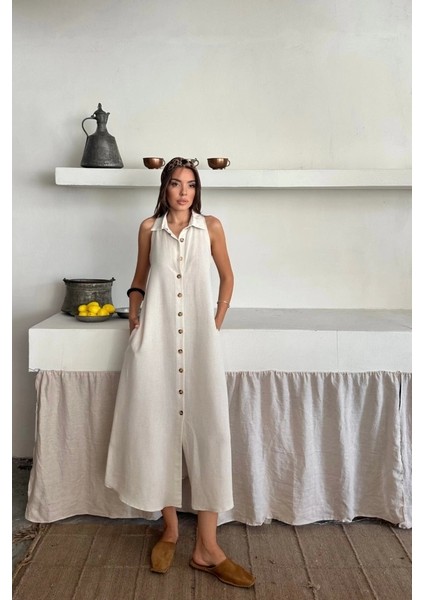 Keten Önden Düğmeli Kolsuz Gömlek Yaka Elbise - Beyaz modelleri