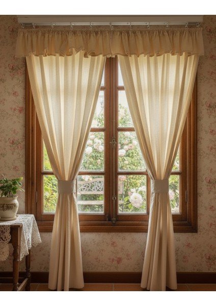 Üstü Fırfırlı Şık Fon Kuşaklı Krem Keten Pamuklu Perde
