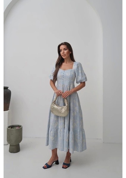 Bebe Mavi Süs Düğmeli Balon Kollu Elbise fiyatları