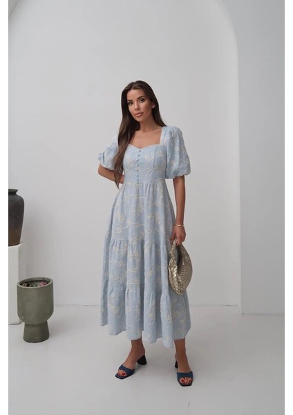 Bebe Mavi Süs Düğmeli Balon Kollu Elbise modelleri
