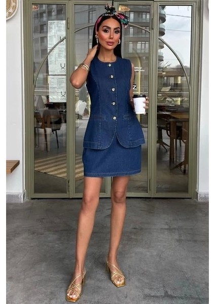 Kolsuz Yelekli Mini Etekli Denim Takım 10164 indirimleri