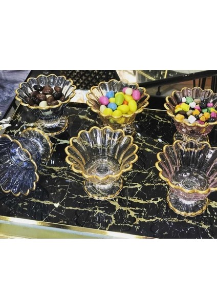 6'lı Cam Ayaklı Yaldızlı Renkli Şekerlik Lokumluk Sunumluk