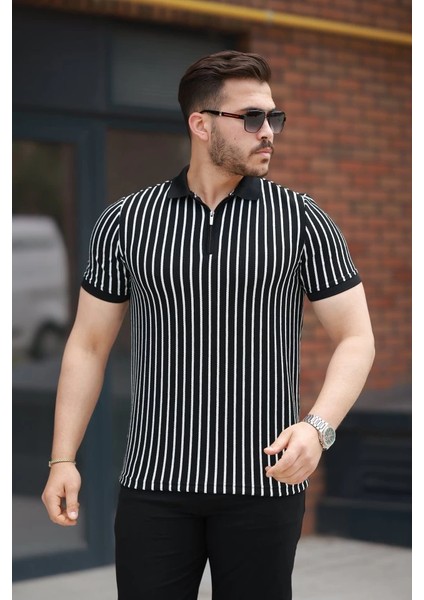 Erkek Çizgili Fermuar Yakalı Kısa Kollu Tişört