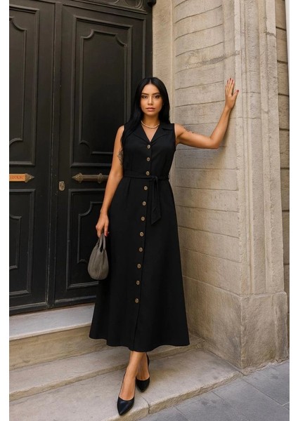 Kadın Düğme Detay Kuşak Dahil Elbise