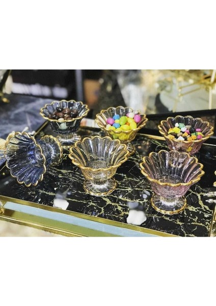 6'lı Cam Ayaklı Yaldızlı Renkli Şekerlik Lokumluk Sunumluk fiyatları