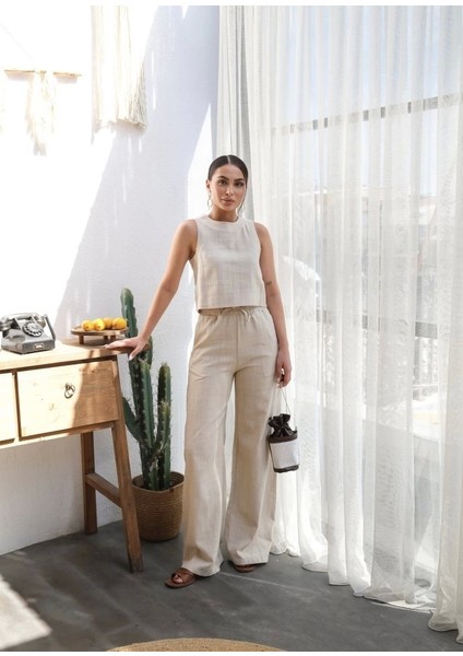 Keten Bluz ve Pantolon Iki̇li̇ Takim