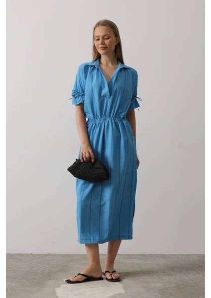 Beli Lastikli Elbise - Mavi