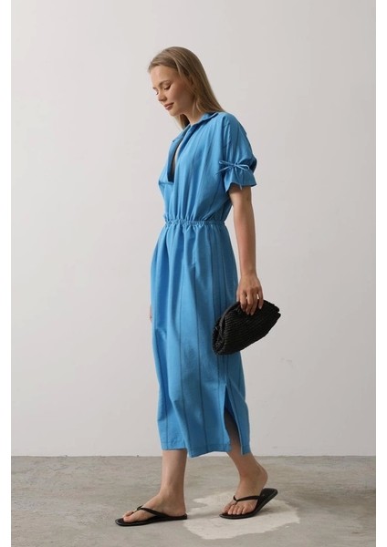 Beli Lastikli Elbise - Mavi modelleri