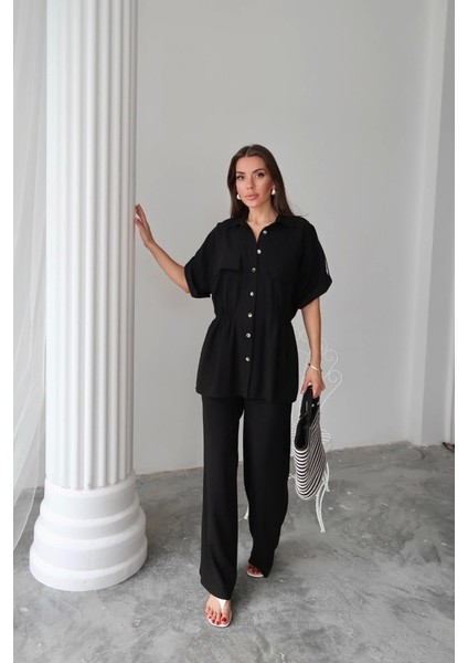 Keten Belden Büzgü Detaylı Gömlek - Pantolon Takım - Siyah