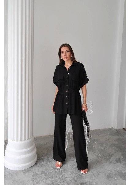 Keten Belden Büzgü Detaylı Gömlek - Pantolon Takım - Siyah fırsatları