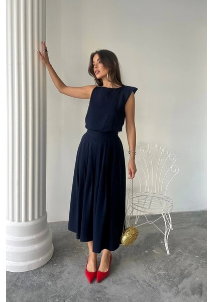 Keten Kolsuz Bluz - Maxi Etek Takım - Lacivert modelleri