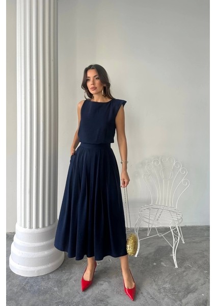 Keten Kolsuz Bluz - Maxi Etek Takım - Lacivert fırsatları