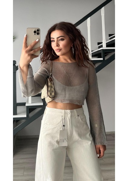 Gri Merserize Crop Bluz