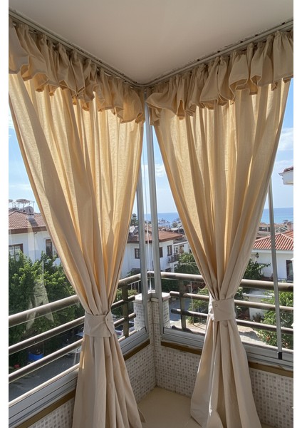 Üstü Fırfırlı Şık Fon Kuşaklı Krem Keten Pamuklu Perde fiyatları