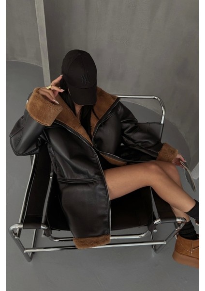 Deri Mont Kol ve Yaka Peluş Kapaksız Cep Detaylı - Siyah-Taba