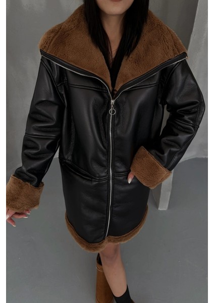 Deri Mont Kol ve Yaka Peluş Kapaksız Cep Detaylı - Siyah-Taba modelleri