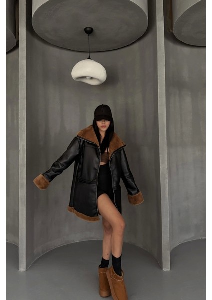 Deri Mont Kol ve Yaka Peluş Kapaksız Cep Detaylı - Siyah-Taba fırsatları