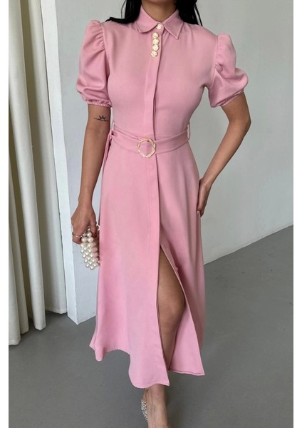Yaka Düğme Detaylı Elbise- Pembe fırsatları