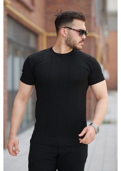 Erkek Ince Çizgi Dokulu Bisiklet Yaka Kısa Kollu T-Shirt