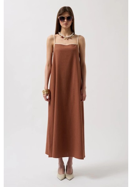 Şerit Detay Keten Maxi Elbise fiyatları